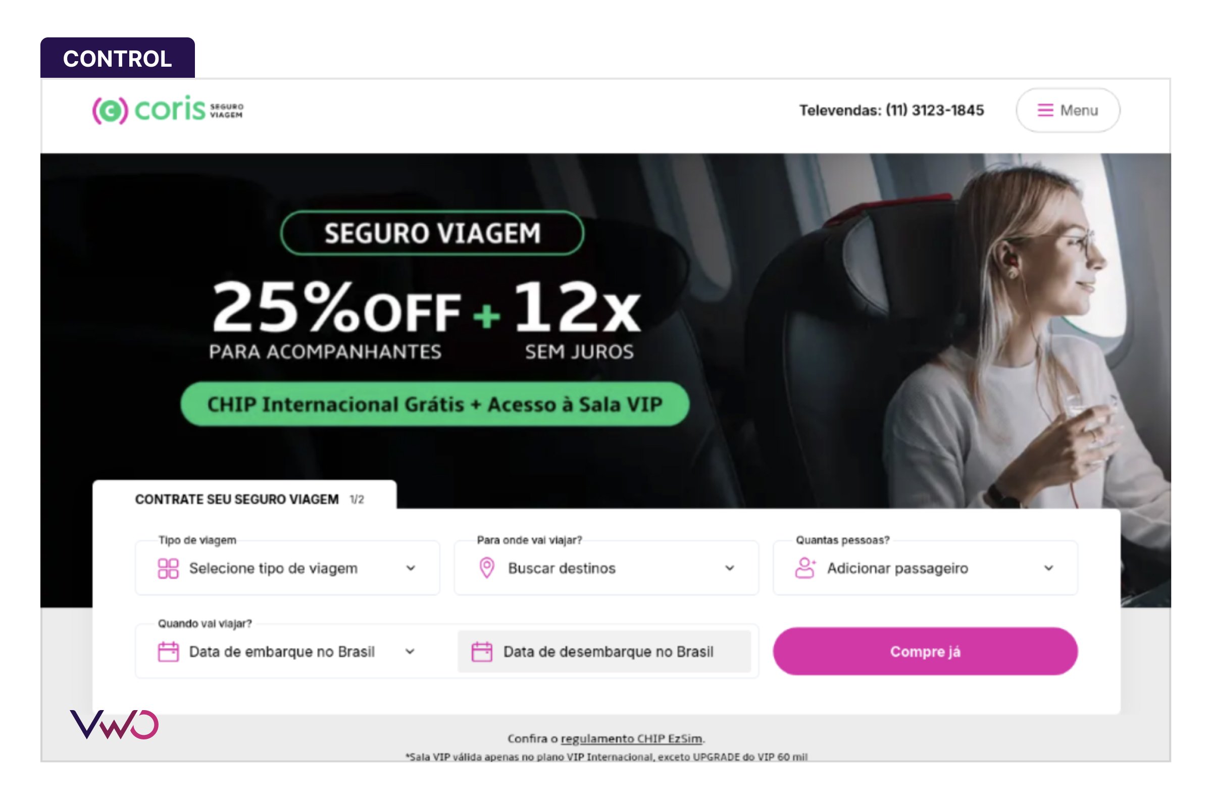 Controle do teste da Coris Brasil: landing page com banner em destaque