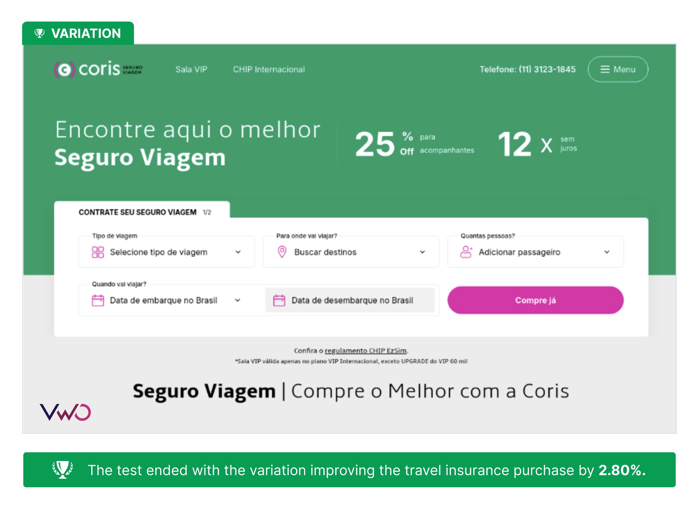 Variação do teste da Coris Brasil: banner removido, foco no formulário de cotação