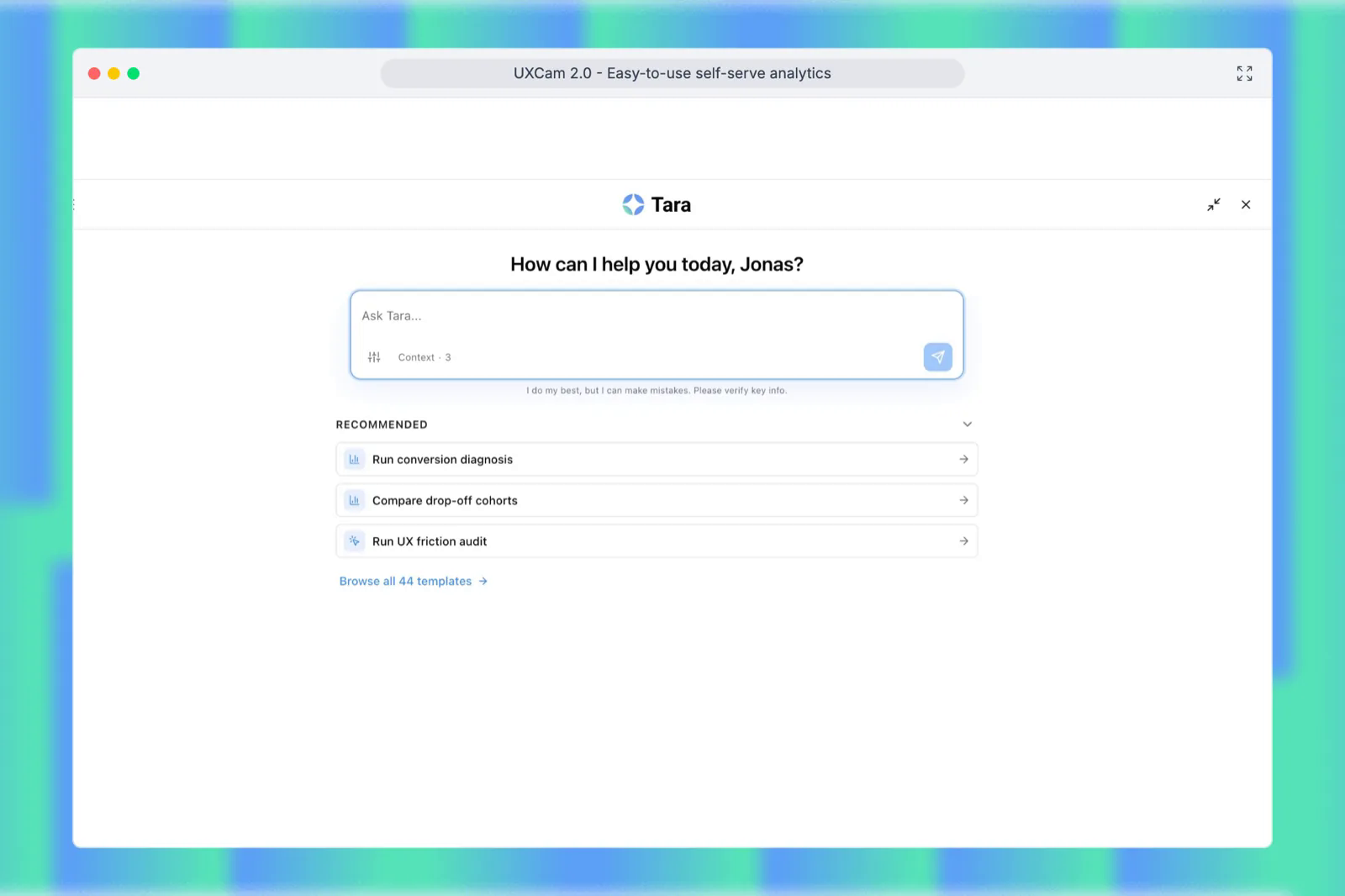 Painel Ask Tara do UXCam respondendo perguntas sobre o comportamento no app