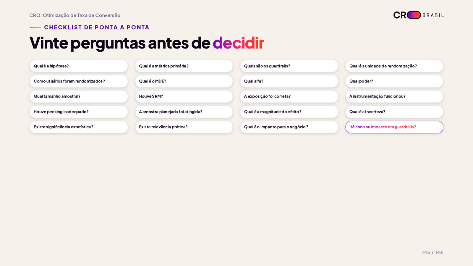 Checklist de ponta a ponta: vinte perguntas antes de decidir